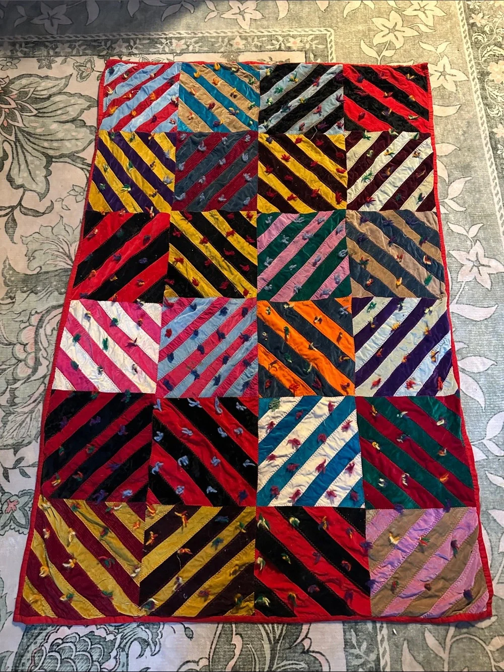 Handmade Multicolor Unique Striped Gypsy Circus Patchwork Quilt/Velvety Throw